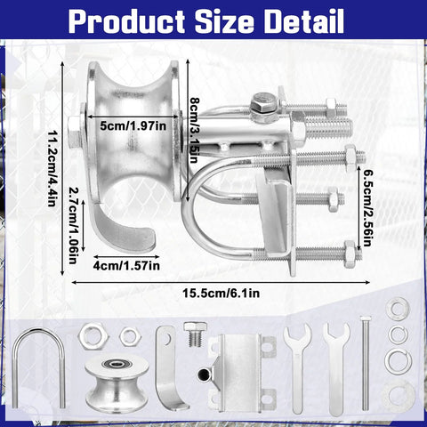 Product dimensions of 2 Pack Sliding Gate Rollers For Chain Link Gates, rear pipe track wheels, heavy-duty galvanized.