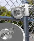 Five Inch Sliding Gate Rollers Two Pack For Chain Link Gates, Compatible With Two Inch Gate Frame And One And Five Eighths Inch Track Pipe, Galvanized Steel Wheel Hardware For Durable, Rust Resistant Gate Operation showing installed position on gate.