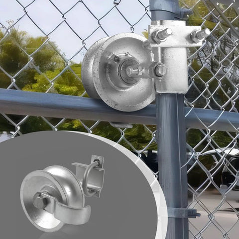 Five Inch Sliding Gate Rollers Two Pack For Chain Link Gates, Compatible With Two Inch Gate Frame And One And Five Eighths Inch Track Pipe, Galvanized Steel Wheel Hardware For Durable, Rust Resistant Gate Operation showing installed position on gate.