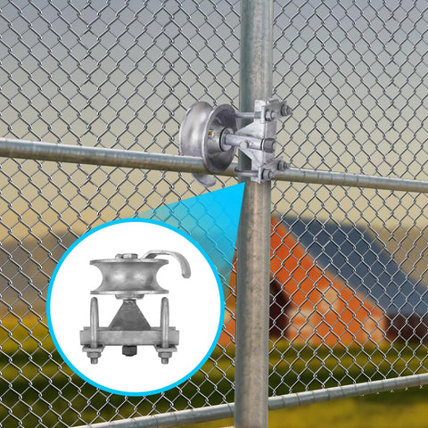 Sliding Gate Rollers Five Inch Wheel Size Galvanized Steel Hardware Kit For Two Inch Gate Frame And One Seven Eighths Inch Or One Five Eighths Inch Track Pipe Includes Double U Bolt For Chain Link Gates Pack Of One installed on gate