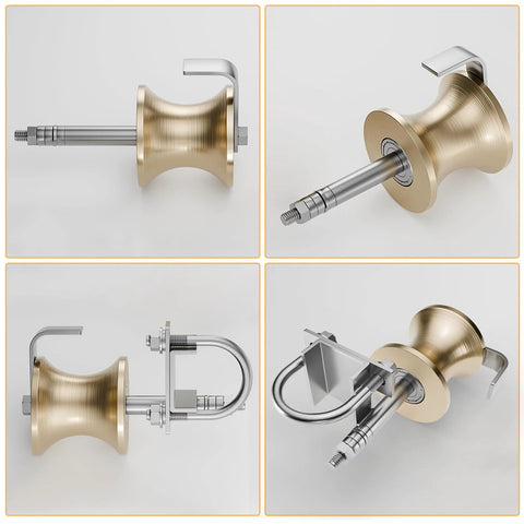 Front and side views of Rear Pipe Track Wheels For Chain Link Sliding Gates Fit Two Inch Gate Frames And One Seven Eighths Inch Track Pipes Durable Galvanized Steel Construction For Rust Resistance And Smooth Stable Gate Movement One Pack.