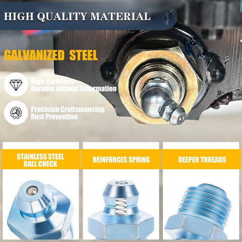 All In One Grease Fittings Kit With 405 Pcs SAE And Metric Zerk Fittings Including NPT One Quarter Inch galvanized zerk fitting close-up