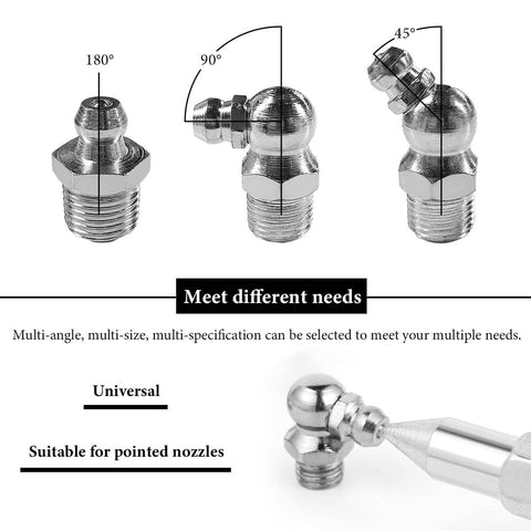 60 Piece Galvanized Grease Fittings Kit With 1 Quarter Inch And 1 Eighth Inch Zerk Fittings, straight, 45, 90-degree angles