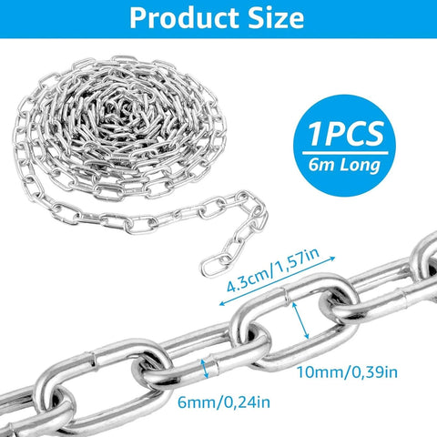 ✝️ 1/4" x 19.69 Ft Metal Chain, Galvanized Iron Coil Chain, Heavy Duty Chain Links, shown coiled with measurement details