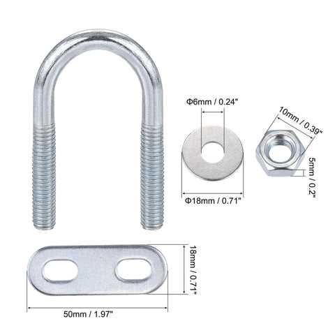 Versatile round U bolt kit with M6 threads, 50mm length, 20mm inner width, includes a nut, plate, and washer for mounting