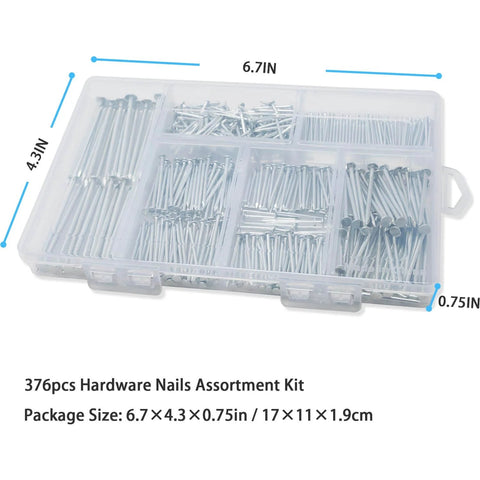 376 Piece Premium Hardware Nails Assortment Kit Galvanized Up To 2 Inches Six Sizes With Storage Box For Picture Hanging