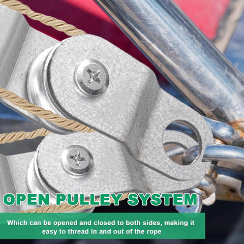 Close-up of galvanized zinc single snatch cable pulley block with rope threaded, open pulley system visible, for wire rope