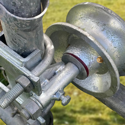 Sliding Gate Rollers Five Inch Wheel Size Galvanized Steel Hardware Kit For Two Inch Gate Frame And One Seven Eighths Inch Or One Five Eighths Inch Track Pipe Includes Double U Bolt For Chain Link Gates Pack Of One close-up view
