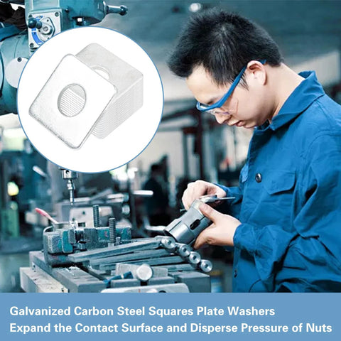 Worker with durable galvanized square plate washers for outdoor, construction, fencing, and industrial projects