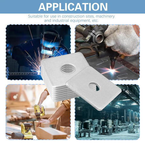 Durable galvanized square plate washers distribute load and reinforce fastenings for outdoor, construction use in various settings.
