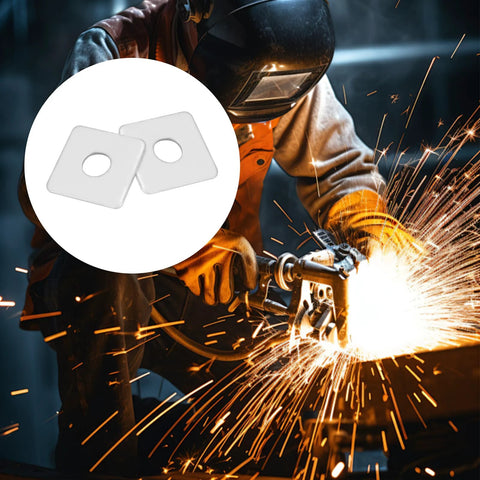 Durable galvanized square plate washers distribute load and reinforce fastenings for outdoor, construction, fencing, and industrial projects, featuring a 0.55 in ID, 1.57 x 1.57 in OD, 3 mm thickness, set of 20 for quick, lasting securement displayed with a welding scene.