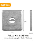 Durable galvanized square washer plate with 1/2 in ID and 2x2 in OD, side and front view, displaying dimensions in inches.
