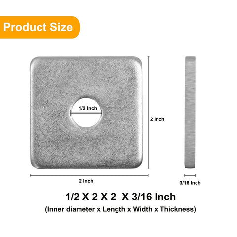 Durable galvanized square washer plate with 1/2 in ID and 2x2 in OD, side and front view, displaying dimensions in inches.
