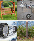 Collage showing uses of 19.6ft (6 m) Length Galvanized Steel Chain, 0.23 Inch(6 mm) Heavy Duty Coil Chain in various outdoor applications