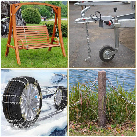 Collage showing uses of 19.6ft (6 m) Length Galvanized Steel Chain, 0.23 Inch(6 mm) Heavy Duty Coil Chain in various outdoor applications