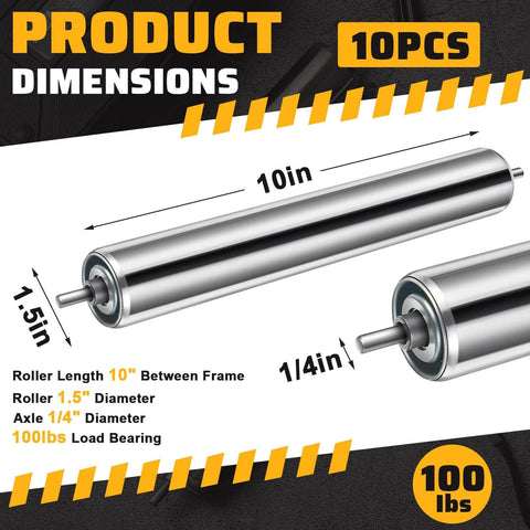 Product dimensions of 10 Pcs Conveyor Rollers Galvanized Steel Roller 10'' in Length and 1.5'' in Diameter 1/4'' Axle Diameter