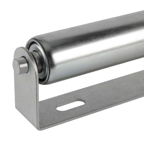 Conveyor Rollers, 2 Pack 10 Inches Long Galvanized Steel Roller and Bracket Set, 1.5 Inch Diameter, close-up of roller and bracket