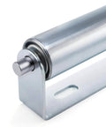 ✝️ 4 Pack 10 Inch Long Roller and Bracket Set with 1.5" Diameter, Galvanized Steel Conveyor Roller, angle view.