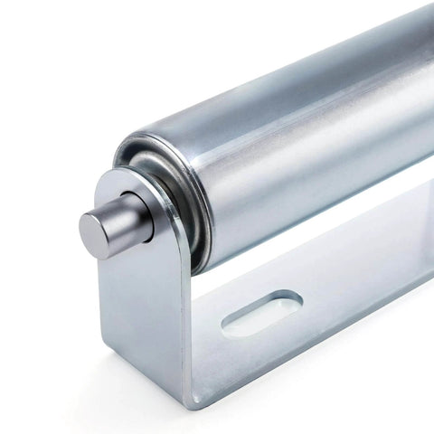 ✝️ 4 Pack 10 Inch Long Roller and Bracket Set with 1.5" Diameter, Galvanized Steel Conveyor Roller, angle view.