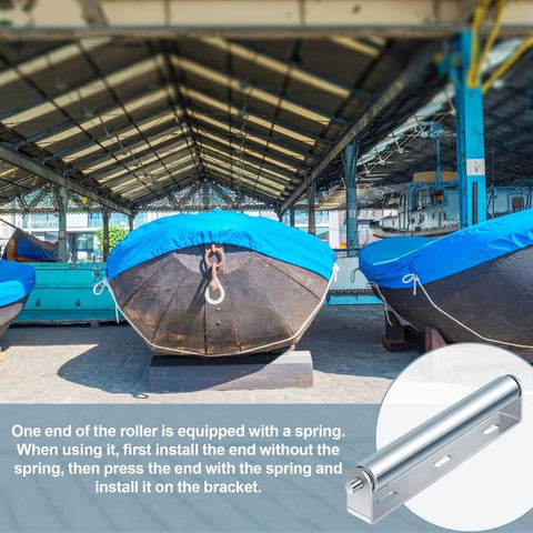 Inside view with boats in storage and insert of ✝️ 4 Sets 1.5'' Diameter Conveyor Rollers with Stands 10'' Galvanized Steel Long Roller and Bracket Set