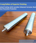 Two galvanized steel conveyor rollers on wooden floor, 10"BF Length 1.5" Dia, axle diameter 1/4" pack of 2, for smooth motion