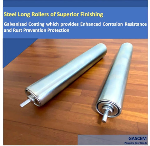 Two galvanized steel conveyor rollers on wooden floor, 10"BF Length 1.5" Dia, axle diameter 1/4" pack of 2, for smooth motion