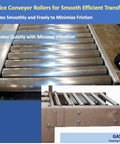 Galvanized steel conveyor rollers for smooth efficient transfer in industrial setup, reducing vibration with minimal friction.