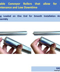 Three images showing 10"BF Length 1.5" Dia Galvanized Steel Conveyor Roller, Axle Diameter 1/4" I Pack of 2 Conveyor Rollers