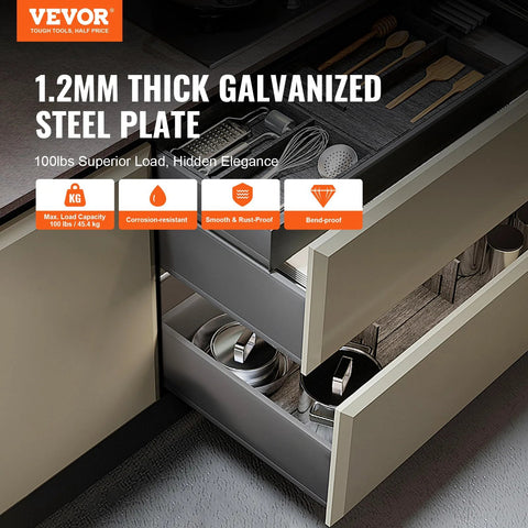 Open kitchen drawers with utensils and pots, featuring 10 Pairs 15 18 21 Inch Soft Close Bottom Mount Drawer Slides With Heavy Duty Ball Bearing Full Extension Steel Tracks Noiseless Guide Glides Cabinet Kitchen Runners With Locking 100 Lbs Capacity.