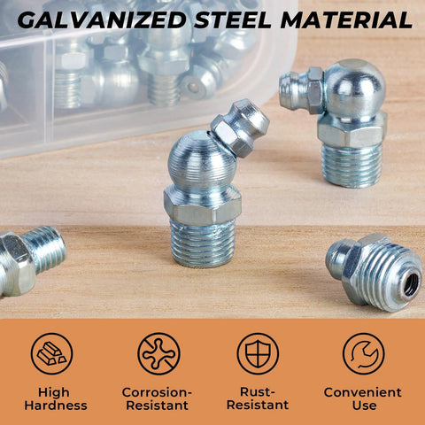 Galvanized steel grease fittings from 250 Pcs SAE And Metric Grease Fittings Assortment With Wrench Kit for maintenance