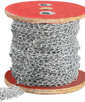 Spool of 150ft Jack Chain, Galvanized Steel Link Chain, ideal for hanging fixtures; designed for smooth motion and stable alignment in automation.