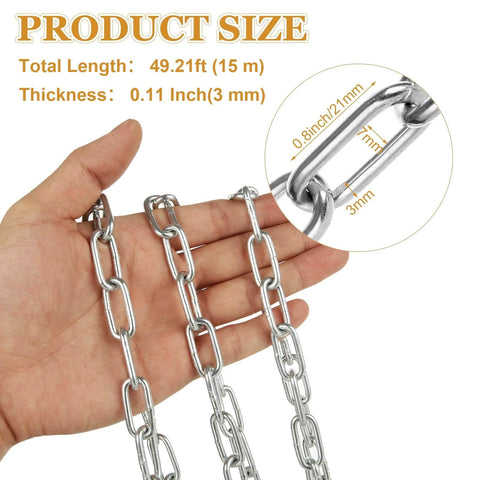 ✝️ 49.21ft (15 m) Length Galvanized Steel Chain, 0.11 Inch(3 mm) Heavy Duty Coil Chain in hand with size details