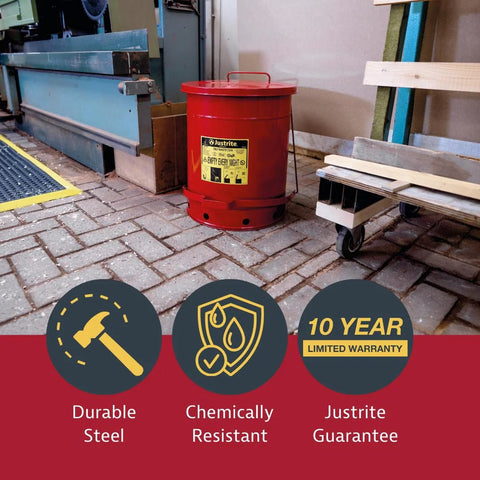 6 Gallon Galvanized Steel Oily Waste Can With Foot Pedal Self Closing Lid For Oil Rag Disposal OSHA Compliant Made In USA Red 16 By 12 Inch Elevated Bottom For Air Circulation To Reduce Heat Moisture And Rust in industrial setting