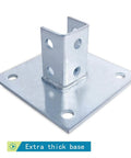 Durable galvanized steel post base provides secure support for single strut channel, square 4-hole mounting plate, 6x6 inch base.