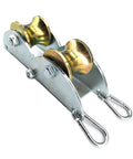 Pulley Hoist with galvanized steel frame, designed for lifting, shown from side view. Lifting Pulleys for Material Handling and Moving.