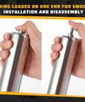 Hand holding Galvanized Steel Conveyor Rollers For Roller Stands By Tandefio 10 Inch Length And 1.5 Inch Diameter with quarter inch axle