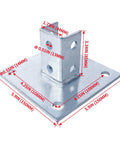 Durable galvanized steel post base provides secure support for single strut channel, square 4-hole mounting plate, 6x6 inch base.