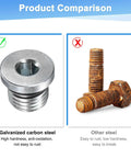Comparison of galvanized carbon steel plug versus rusted steel bolts with annotations on high hardness and anti-oxidation benefits.