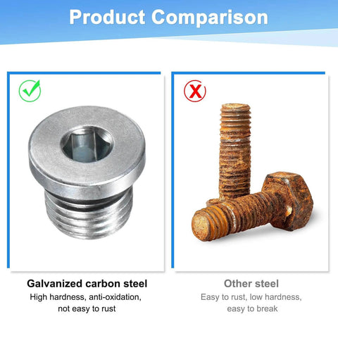 Comparison of galvanized carbon steel plug versus rusted steel bolts with annotations on high hardness and anti-oxidation benefits.