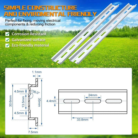 Diagram of corrosion-resistant metal rail with measurements, eco-friendly material, and galvanized surface for electrical components.