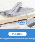 Galvanized T50 Staples Three Eighths Inch Length 20 Gauge for Staple Gun on wood surface with chisel point detail