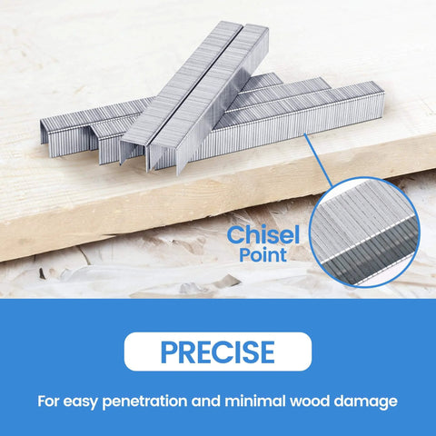 Galvanized T50 Staples Three Eighths Inch Length 20 Gauge for Staple Gun on wood surface with chisel point detail