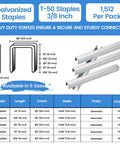 Diagram and image of Galvanized T50 Staples Three Eighths Inch Length 20 Gauge For T50 Staple Gun Upholstery Woodworking 1512 Count Pack
