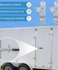 Durable door latch keeper for enclosed trailers, fits standard padlocks and race bar locks, shown installed on trailer door.
