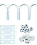 Four-pack galvanized U bolts with nuts, washers, plates for quick, secure installation; shown with components laid out.
