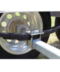 Heavy duty 1/2 inch galvanized U bolts and plate kit designed for boat trailer axles and leaf springs, rust resistant in saltwater or freshwater, universal 2x3 square axle fit, reliable marine trailer mounting hardware installed on a trailer.