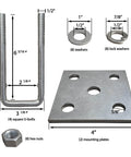 Heavy duty 1/2 inch galvanized U bolts and plate kit designed for boat trailer axles and leaf springs, includes washers, lock washers, mounting plates, and hex nuts.