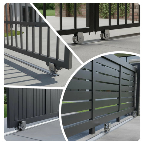 Collage showcasing a 9 Ft V Track Galvanized Inverted Track for Sliding Gates and Doors, installed with rolling driveway gates.