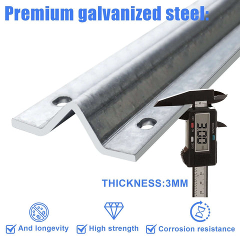 Galvanized Inverted V Track Rail 6 Ft Pair With Pre Drilled Holes And Stainless Hardware Kit, thickness shown 3mm