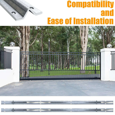 Galvanized Inverted V Track Rail 6 Ft Pair With Pre Drilled Holes And Stainless Hardware Kit installed on driveway gate